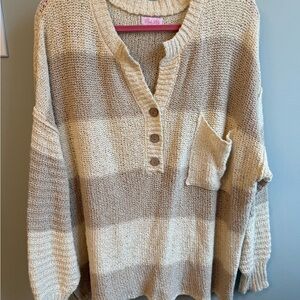 Pink Lily Cozy Neutral Stripe Knit Sweater with Pocket